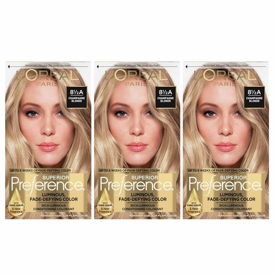 Hair Color L'Oreal Paris | L'Oreal Paris Superior Preference Fade-Defying + Shine Permanent Hair Color, 8.5A Champagne Blonde, Pack Of 3, Hair Dye