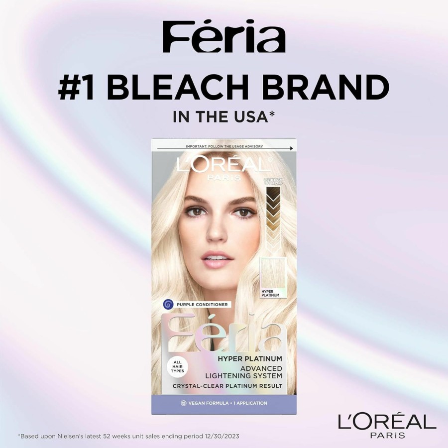 Hair Color L'Oreal Paris | L'Oreal Paris Feria Hyper Platinum Advanced Lightening System Hair Bleach, Lifts Up To 8 Levels, Includes Anti Brass Purple Conditioner, 1 Hair Dye Kit