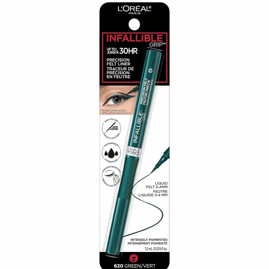 Makeup L'Oreal Paris | L'Oreal Paris Cosmetics Makeup Infallible Grip Precision Felt Eyeliner, Smudge Resistant, Long Lasting Waterproof Eyeliner, Green, Green, 0.03 Fl Oz