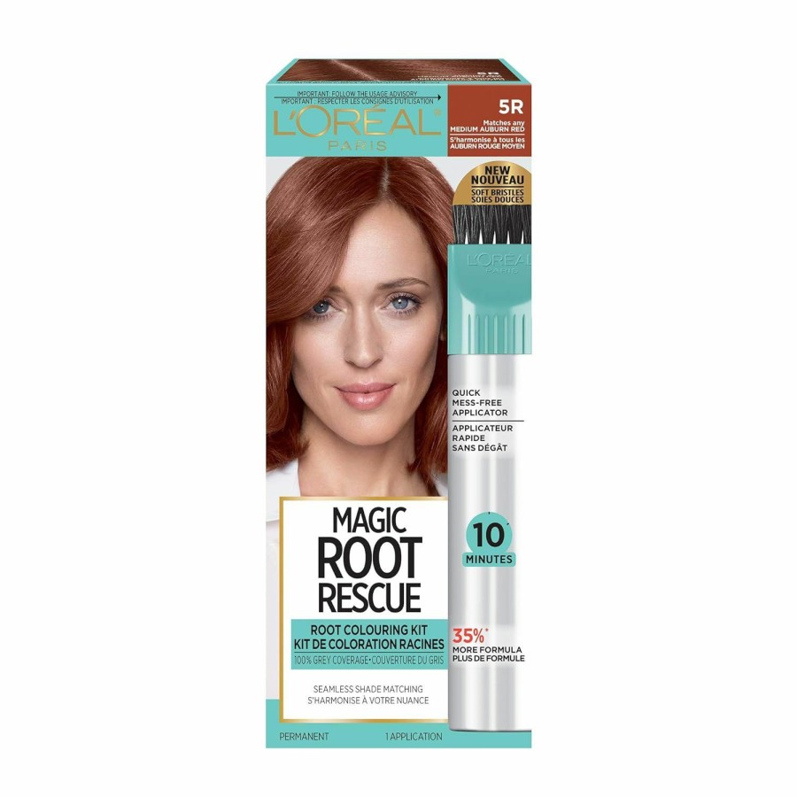 Beauty Essentials L'Oreal Paris | L'Oreal Paris Magic Root Rescue 10 Minute Root Hair Coloring Kit, Permanent Hair Color With Quick Precision Applicator, 100% Gray Coverage, 5R Medium Auburn Red, 2 Count