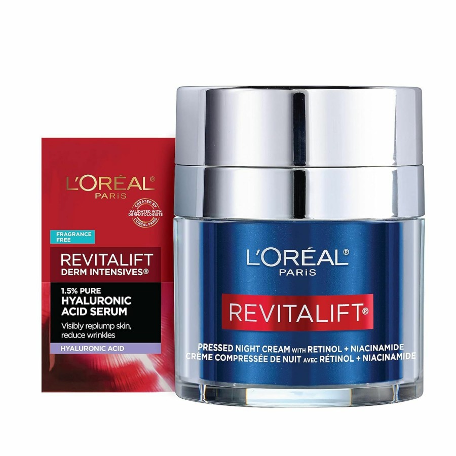 Beauty Essentials L'Oreal Paris | L'Oreal Paris Revitalift Pressed Night Cream, Retinol + Niacinamide, Reduces Wrinkles, Fragrance Free, 1.7 Oz + Serum Sample