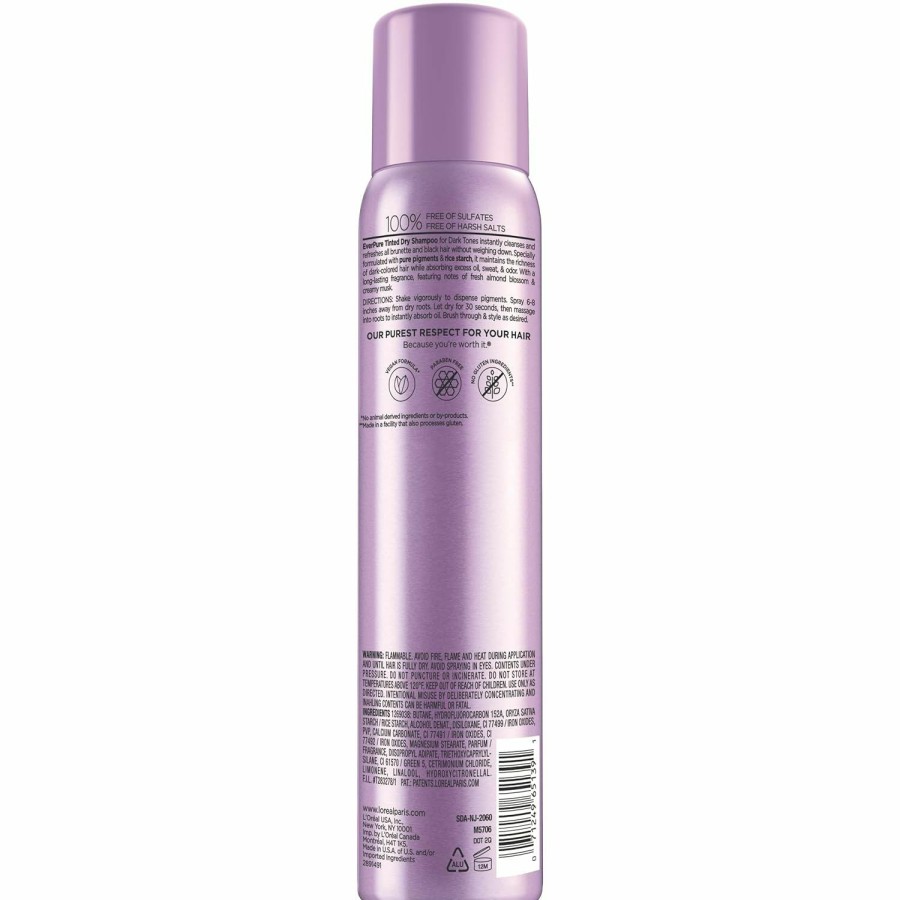 Hair Care L'Oreal Paris | L'Oreal Paris Everpure Sulfate Free Tinted Dry Shampoo For Dark Hair, For Brown And Black Hair, Absorbs Oil, Refreshes Colored Hair, With Rice Starch, Vegan Formula, Paraben And Gluten Free, 4 Fl Oz