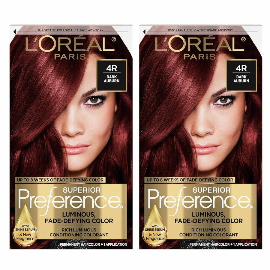 Hair Color L'Oreal Paris | L'Oreal Paris Superior Preference Fade-Defying + Shine Permanent Hair Color, 4R Dark Auburn, Pack Of 2, Hair Dye