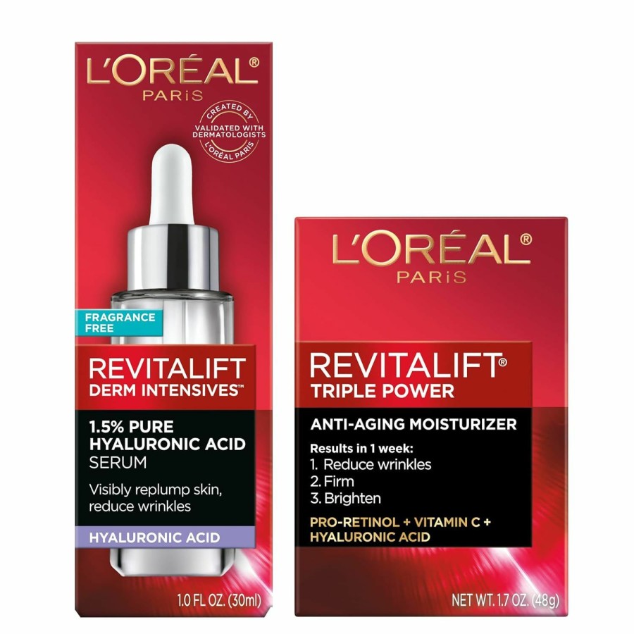 Skincare L'Oreal Paris | L'Oreal Paris Revitalift 1.5% Pure Hyaluronic Acid Face Serum + Triple Power Anti-Aging Face Moisturizer, 1 Kit