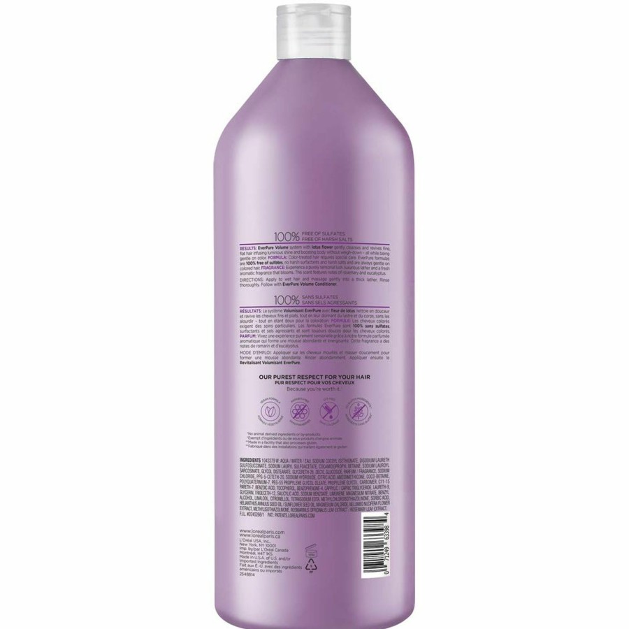 Beauty Essentials L'Oreal Paris | L'Oreal Paris Everpure Volume Sulfate Free Shampoo For Color-Treated Hair, Volume + Shine For Fine, Flat Hair, With Lotus Flower, 11 Fl; Oz (Packaging May Vary)