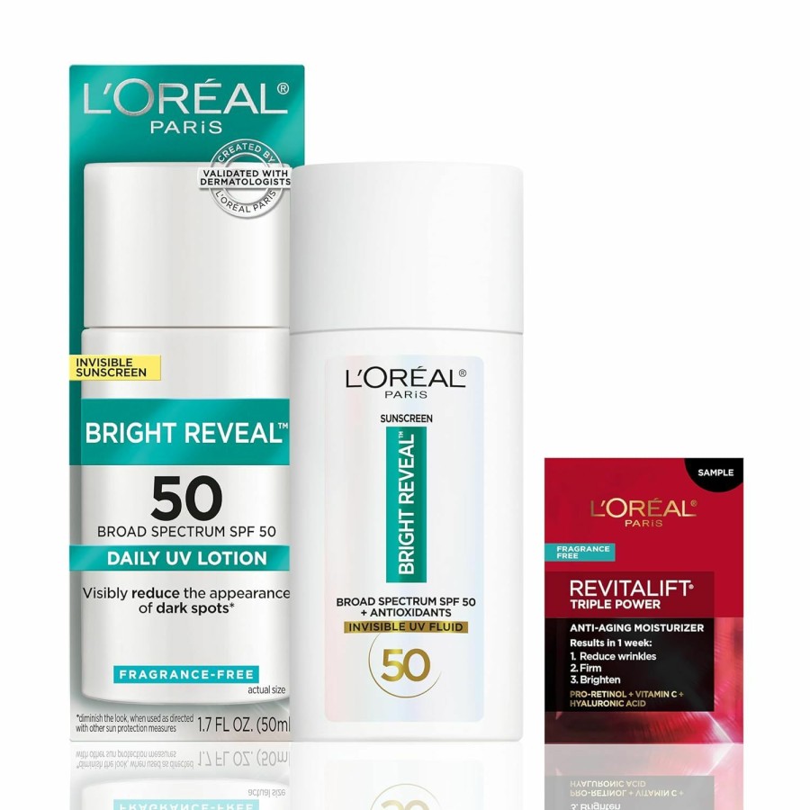 New Arrivals L'Oreal Paris | L'Oreal Paris Bright Reveal Broad Spectrum Daily Spf 50 Face Sunscreen Uv Lotion, 1.7 Fl Oz + Moisturizer Sample