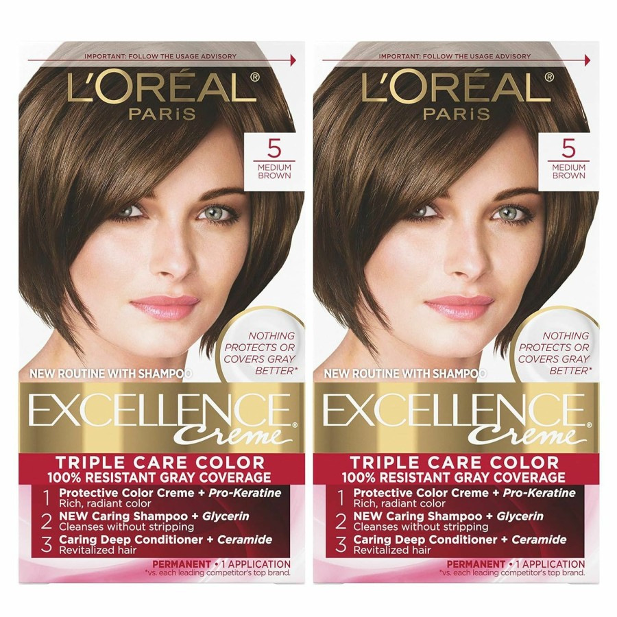 Hair Color L'Oreal Paris | L'Oreal Paris Excellence Creme Permanent Hair Color, 5 Medium Brown, 100 Percent Gray Coverage Hair Dye, Pack Of 2