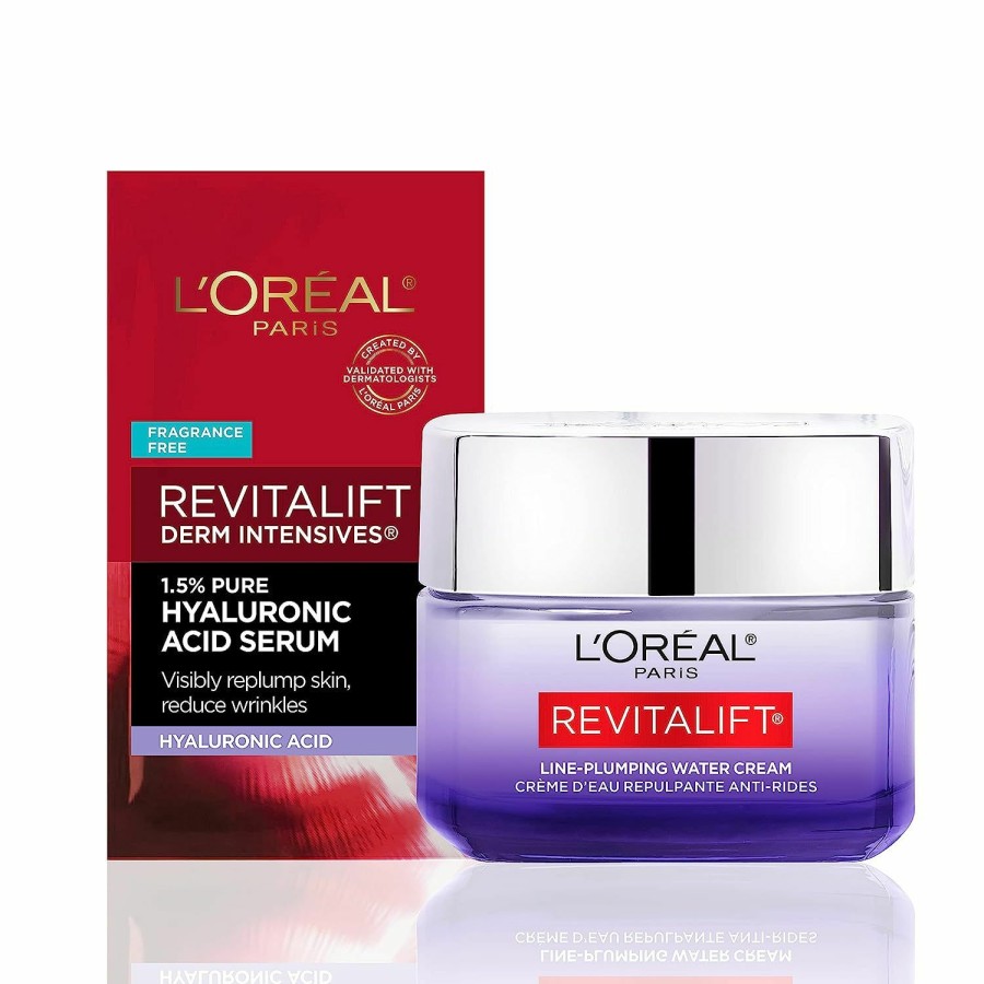 Skincare L'Oreal Paris | L'Oreal Paris Revitalift Moisturizer, Hyaluronic Acid Water Cream With Ceramides, Deeply Hydrating, Fragrance Free 1.7 Oz + Serum Sample