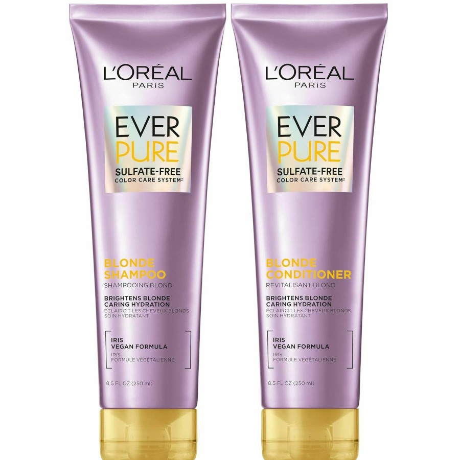 Hair Care L'Oreal Paris | L'Oreal Paris Blonde Sulfate Free Shampoo And Conditioner For Color-Treated Hair, Neutralizes Brass + Balances, Everpure, 8.5 Fl Oz, Set Of 2