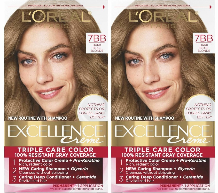 Beauty Essentials L'Oreal Paris | L'Oreal Paris Excellence Creme Permanent Hair Color, 7Bb Dark Beige Blonde, 100 Percent Gray Coverage Hair Dye, Pack Of 2