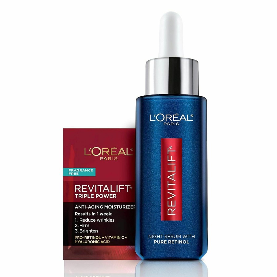 Skincare L'Oreal Paris | L'Oreal Paris Revitalift 0.3% Pure Retinol Night Serum, Reduce Deep Wrinkles, Fragrance Free 1 Oz + Moisturizer Sample