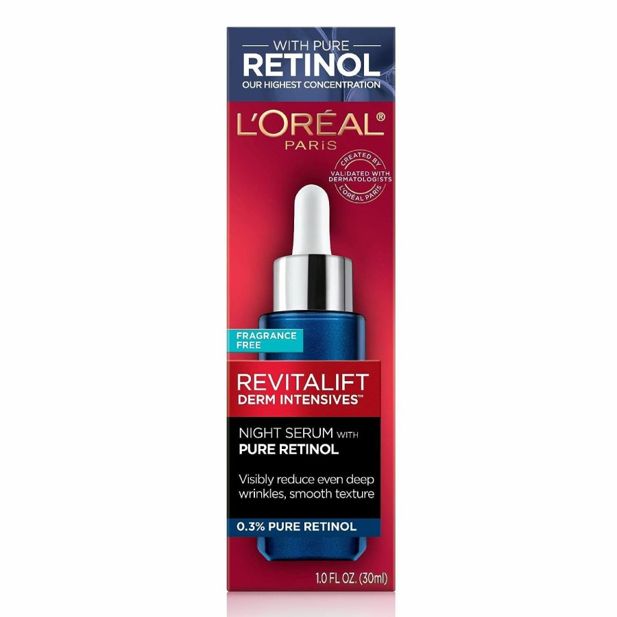 Skincare L'Oreal Paris | L'Oreal Paris Revitalift 0.3% Pure Retinol Night Serum, Reduce Deep Wrinkles, Fragrance Free 1 Oz + Moisturizer Sample