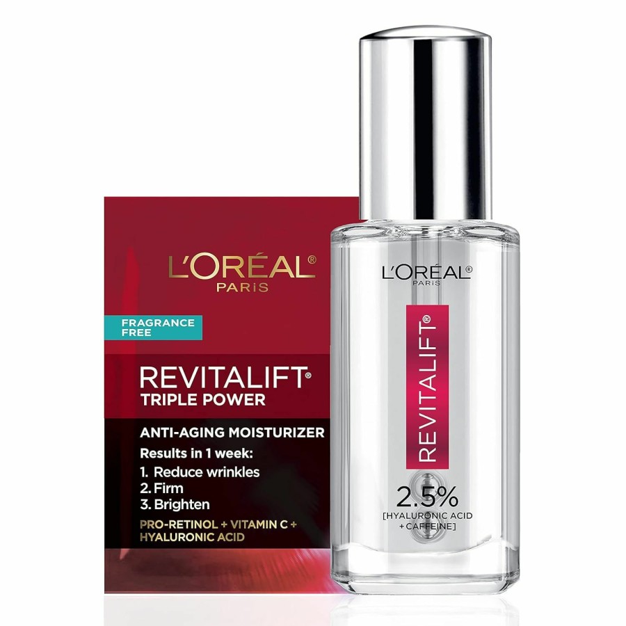 Skincare L'Oreal Paris | L'Oreal Paris Revitalift Hyaluronic Acid + Caffeine Hydrating Eye Serum For Dark Circles, Fragrance Free .67 Fl. Oz + Moisturizer Sample