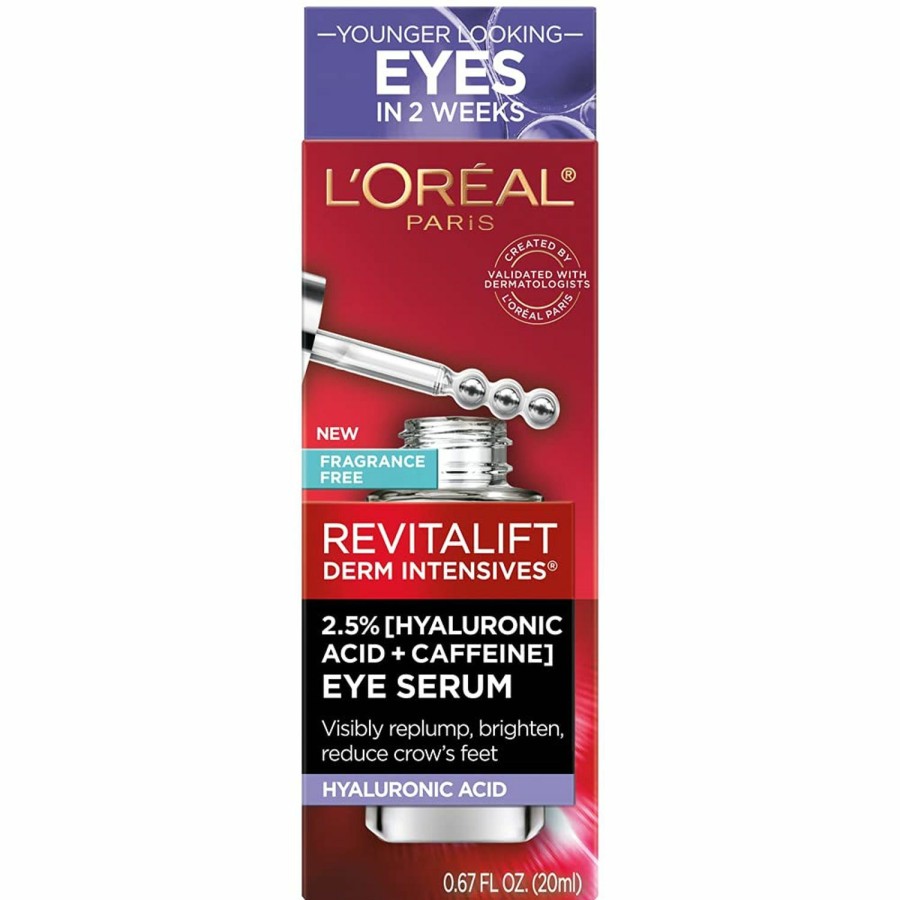 Skincare L'Oreal Paris | L'Oreal Paris Revitalift Hyaluronic Acid + Caffeine Hydrating Eye Serum For Dark Circles, Fragrance Free .67 Fl. Oz + Moisturizer Sample