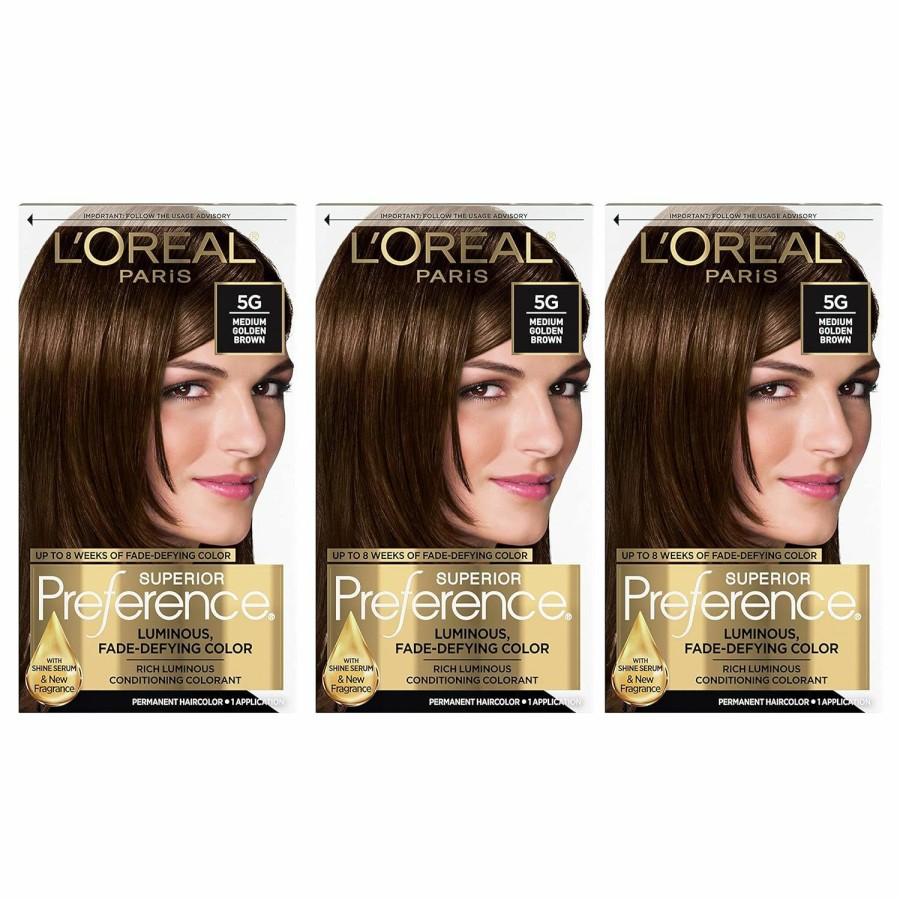 Hair Color L'Oreal Paris | L'Oreal Paris Superior Preference Fade-Defying + Shine Permanent Hair Color, 5G Medium Golden Brown, Pack Of 3, Hair Dye