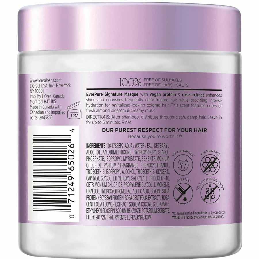 Hair Care L'Oreal Paris | L'Oreal Paris Everpure Sulfate Free Signature Masque Pro Color Care, Hair Mask For Dry, Color Treated Hair, Uv Filter, With Vegan Protein, Vegan Formula, Paraben Free, Dye Free, Gluten Free, 8 Fl Oz