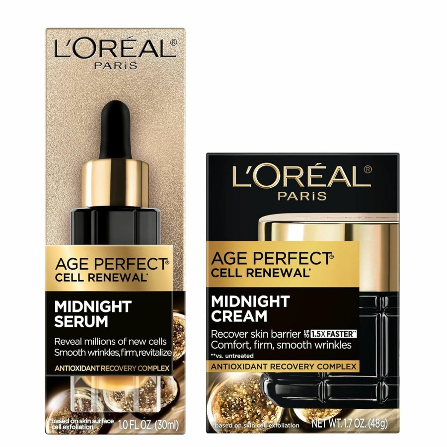 Skincare L'Oreal Paris | L'Oreal Paris Age Perfect Anti-Aging Midnight Face Serum 1 Oz + Midnight Cream 1.7 Oz, Smooths Wrinkles & Firms Skin + Eye Cream & Serum Sample